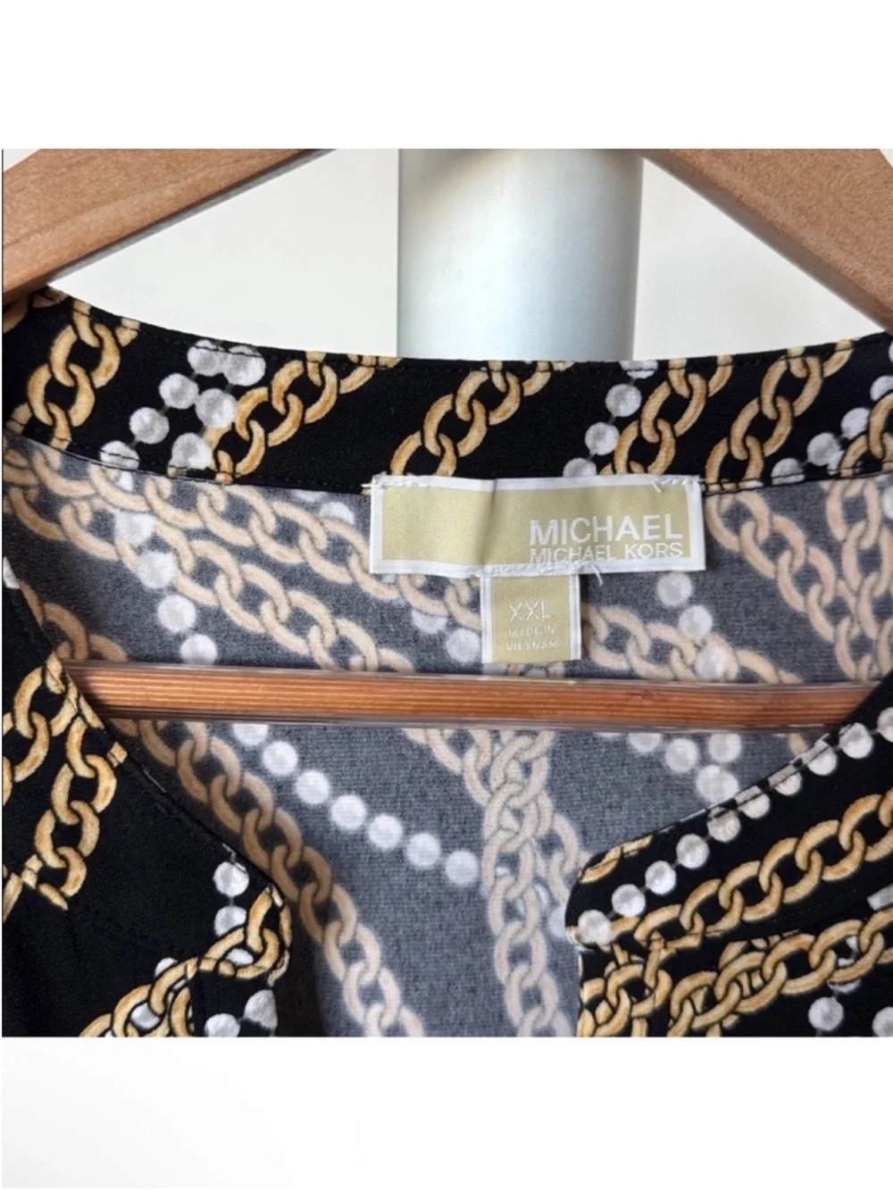Michael Kors Top Blouse Sz XXL Zip Up Logo MK  Black Gold Chain Pearl Print